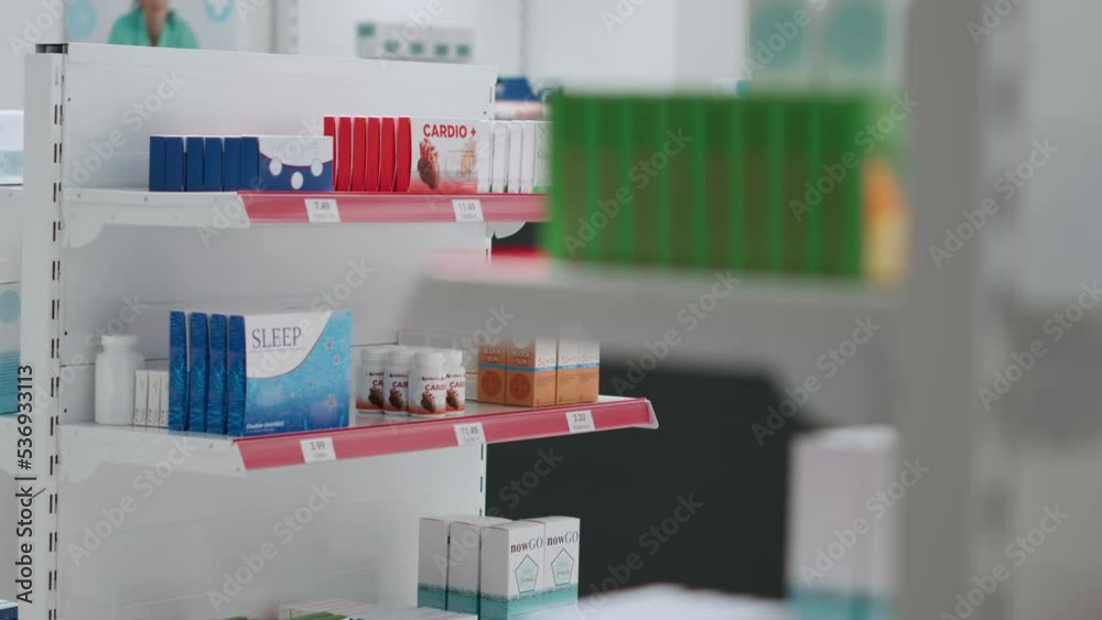 Health drugstore shelves filled with medicaments and pharmaceutics to sell prescription medicine or treatment to clients. Empty drugstore with medication, supplements and vitamins, pills bottles.