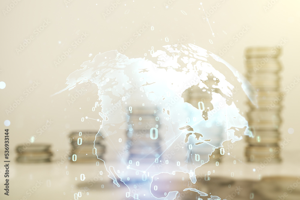 Multi exposure of abstract graphic coding sketch and world map on coins background, big data and networking concept Multi exposure of abstract graphic coding sketch and world map on coins background, big data and networking concept