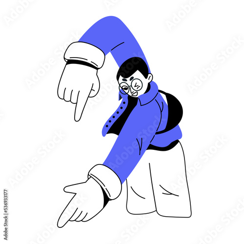 Happy person advertising smth, pointing down, showing with fingers. Excited man in eyeglasses presenting, gesturing with hands. Line-art flat graphic vector illustration isolated on white background