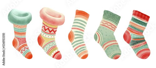 Watercolor Christmas colourful socks for presents isolated on white background.