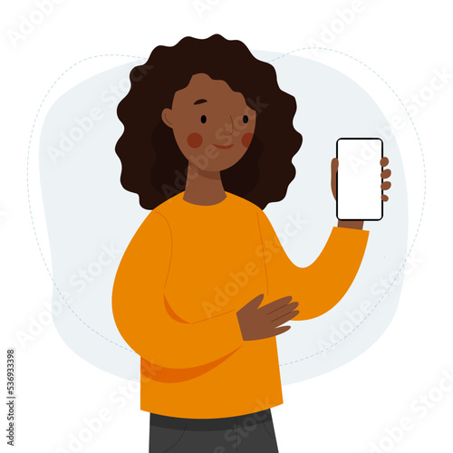 A cute african girl holds a phone in her hands. The woman shows an empty phone and smiling. Vector flat illustration