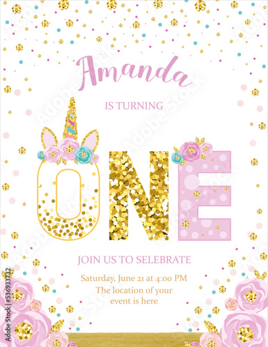 invitation card for the girl's first birthday party. Template for baby shower invitation. one year