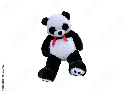 Panda bear doll isolated on transparent background, animal toy, teddy bear black and white color, closeup of cute panda toy with red ribbon, black rim of eyes