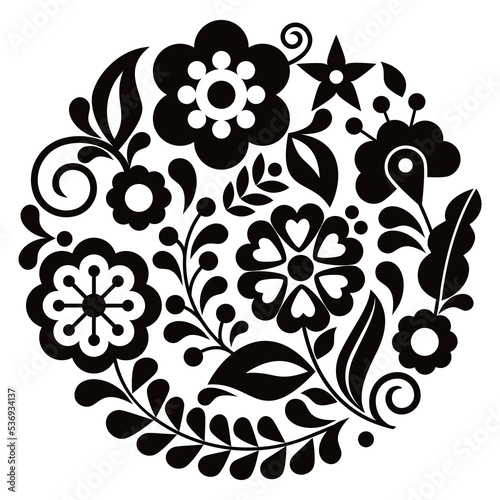 Mexican folk art style vector round floral pattern, black and white nature design inspired by traditional embroidery from Mexico
 