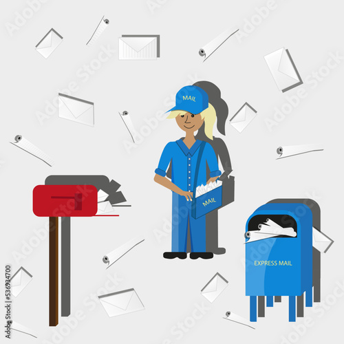 Set with postman girl in a blue uniform and a cap with the inscription mail, bag with letters, box of express mail on falling letters background with shadows. Cut out paper picture on mail concept. 