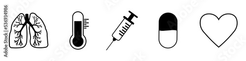 Set of health. Anti-virus covid kit. Lungs, thermometer, injection, pill, heart flat icons vector