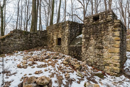 Ruins of Sostyn castle above Koprivnice town in Czech republic photo