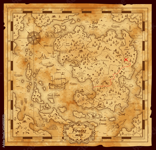 Old pirate treasure map, vector worn parchment with corsair loot location, sea, islands and hills, wind rose and coordinates. Vintage grunge paper pirate map with route to chest with treasury