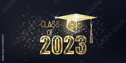 Futuristic graduation class of 2023 banner concept with glowing low polygonal golden graduation cap 