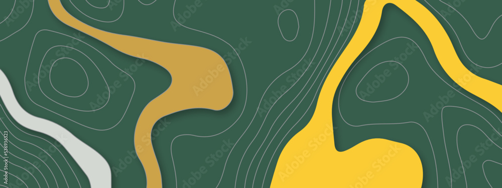 The stylized colorful green and yellow wavy abstract topographic map contour, lines Pattern background. Topographic map and landscape terrain texture grid. Wavy banner and color geometric form. 