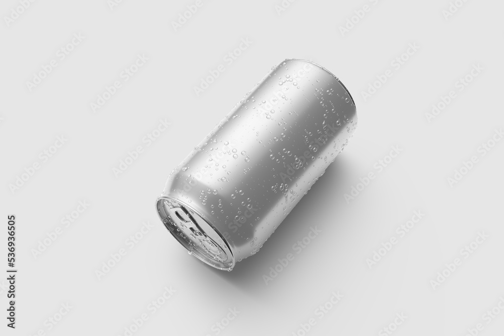 Aluminium drink can 330ml with water drops mockup template, isolated on light grey background. High resolution. Aluminium drink can 330ml with water drops mockup template, isolated on light grey background. High resolution.