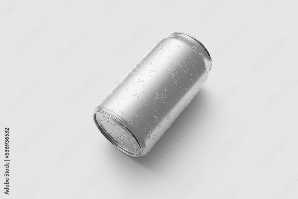 Aluminium drink can 330ml with water drops mockup template, isolated on light grey background. High resolution. Aluminium drink can 330ml with water drops mockup template, isolated on light grey background. High resolution.