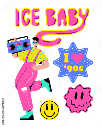 A guy with a tape recorder from the 90s, 80s. A man in retro bright clothes dances and listens to music
