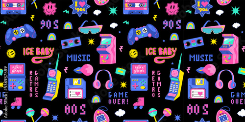 Seamless pattern of the 90s, 80s. Retro games, cassette, arkanoid, joystick, set-top box, headphones, pixels