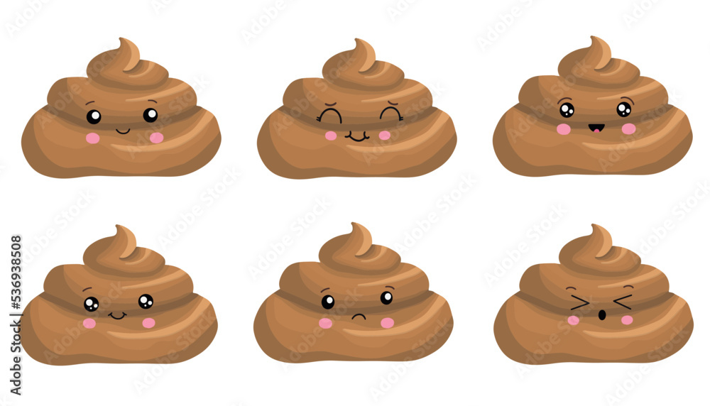 Poop cute funny excrement character cartoon emoticon set isolated on white background. Kawaii