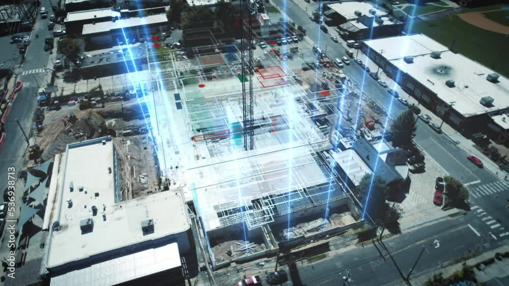 Aerial Footage with VFX Concept: Building Construction Site Becomes Finished Project with 3D Graphics Animation Effects