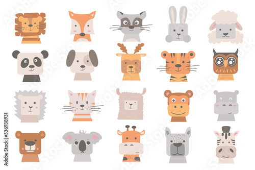 Animals heads set with cute cartoon elements in flat design. Bundle of lion, fox, raccoon, rabbit, sheep, panda, dog, tiger, owl, hedgehog, cat, lama and other isolated stickers. Vector illustration.