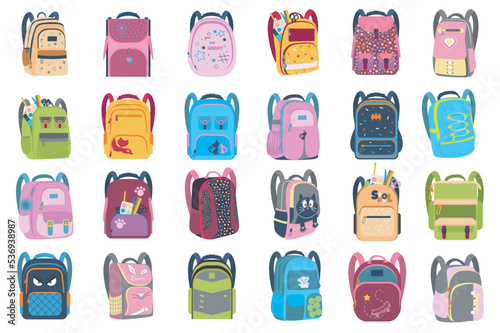 Backpacks set with cute cartoon elements in flat design. Bundle of colorful rucksacks or schoolbags of different styles. Open or closed bags with stationery, isolated stickers. Vector illustration.