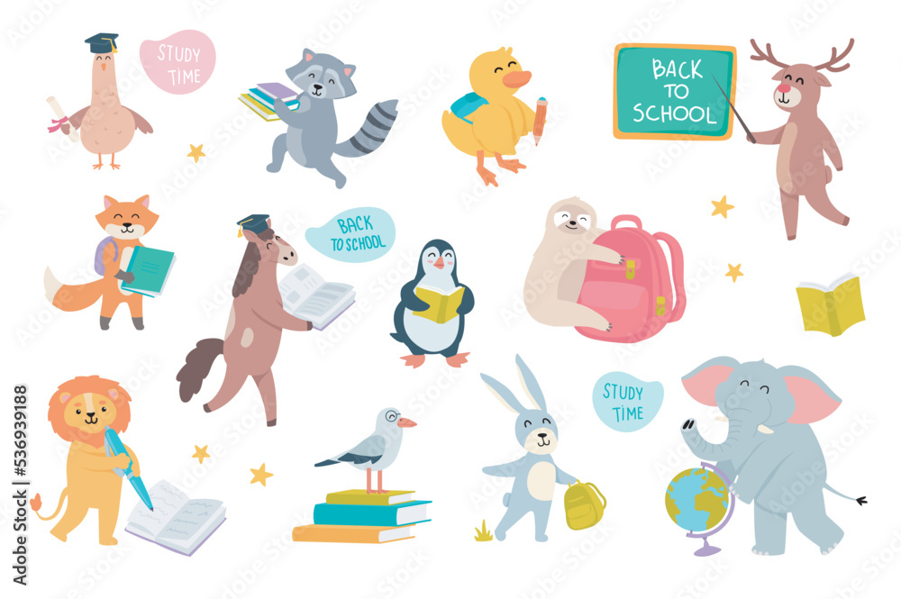 Cute animals in school set with cartoon elements in flat design. Bundle of bird is graduation, raccoon with books, pupil chicken, deer at chalkboard and other isolated stickers. Vector illustration. Cute animals in school set with cartoon elements in flat design. Bundle of bird is graduation, raccoon with books, pupil chicken, deer at chalkboard and other isolated stickers. Vector illustration.