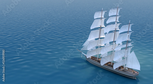 3d render of sailboat with white sails in the blue sea.