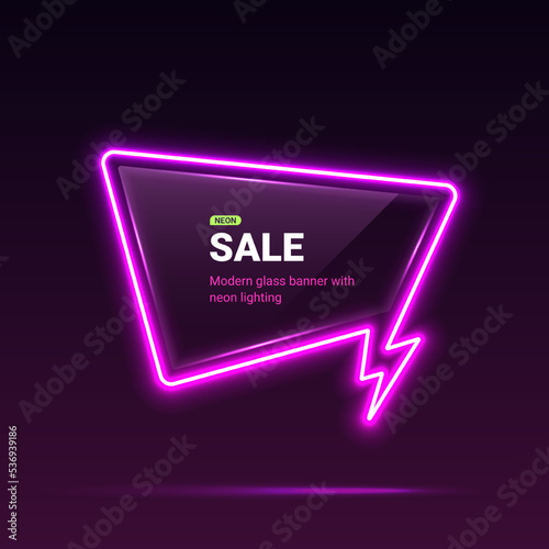 Sale vector template with neon lights. Dialog bubble with thunder flash sign. Vector