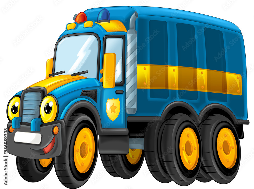 cartoon happy and funny off road police car looking like monster truck smiling vehicle illustration for children