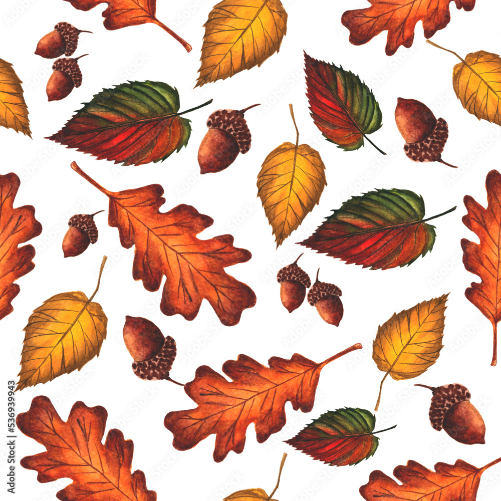 Obraz premium Watercolor autumn foliage seamless pattern. Fall oak leaves and acorns graphic illusrtation.