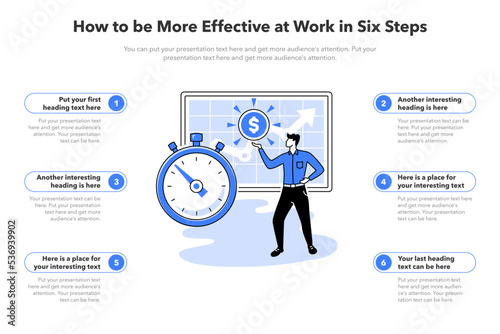 Simple infographic template for how to be more effective at work. Template with a stopwatch and manager holding a dollar coin as a main symbol.