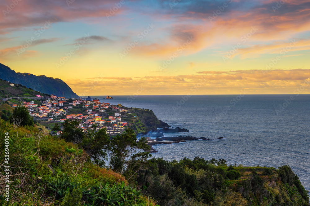 Sunset over Seixal beach village on Madeira, Portugal