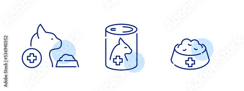 Prescription special or vet recommended diet for cats. Bowl, cat eating and can. Pixel perfect, editable stroke line 