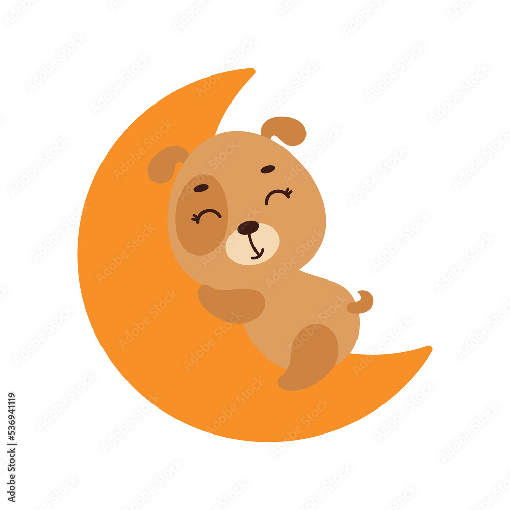 Cute little dog sleeping on moon. Cartoon animal character for kids t-shirt, nursery decoration, baby shower, greeting cards, invitations, house interior. Vector stock illustration Cute little dog sleeping on moon. Cartoon animal character for kids t-shirt, nursery decoration, baby shower, greeting cards, invitations, house interior. Vector stock illustration