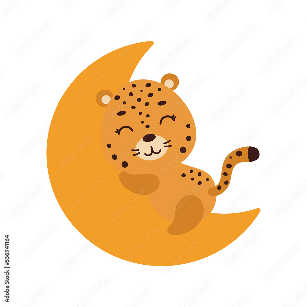 Cute little jaguar sleeping on moon. Cartoon animal character for kids t-shirt, nursery decoration, baby shower, greeting cards, invitations, house interior. Vector stock illustration Cute little jaguar sleeping on moon. Cartoon animal character for kids t-shirt, nursery decoration, baby shower, greeting cards, invitations, house interior. Vector stock illustration