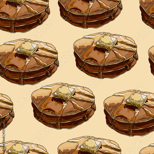 Pancakes with Butter Sketch Hand Drawn Seamless Pattern