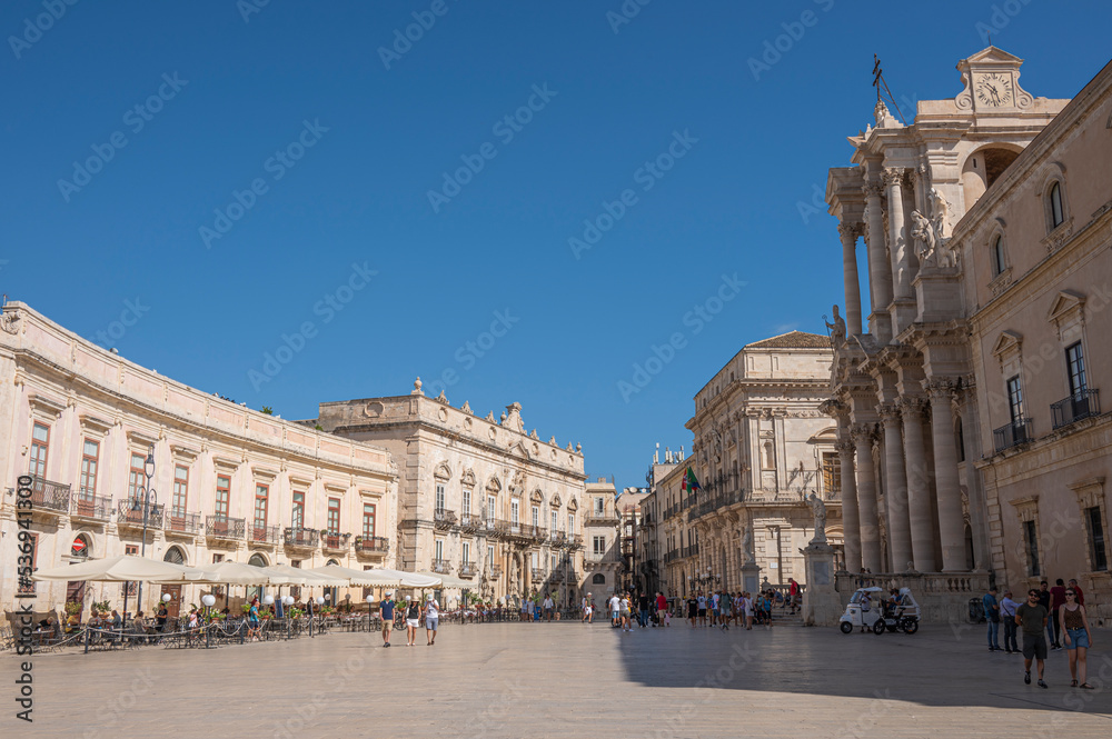 wide angle view of Piazza Duomo in Ortigia with splendid historical buildings