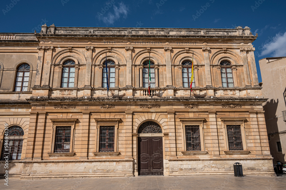Historic buildings with beautiful facades in Piazza Duomo in Ortigia