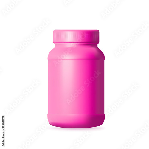 Mockup Banks pink Protein sports 3d container. Amino acids Round pack for muscle training. Realistic cylindrical jar with vitamins.