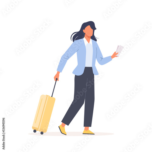 Woman hold suitcase and ticket. Business trip concept