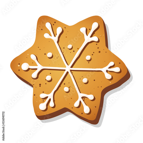 Christmas gingerbread cookie in shape of star isolated on white background. Holiday vector illustration. Eps 10