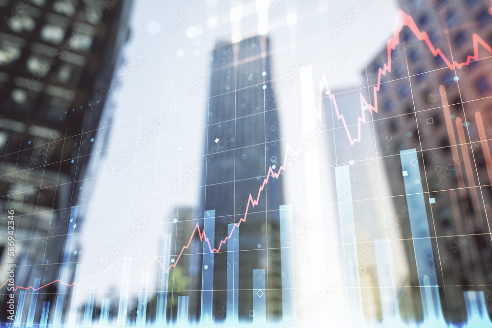 Double exposure of abstract financial chart on office buildings background, research and analytics concept Double exposure of abstract financial chart on office buildings background, research and analytics concept