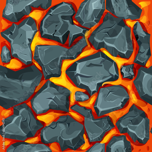 Lava, magma with stones in cartoon style seamless pattern background. Eruption effect, landscape. Texture, design