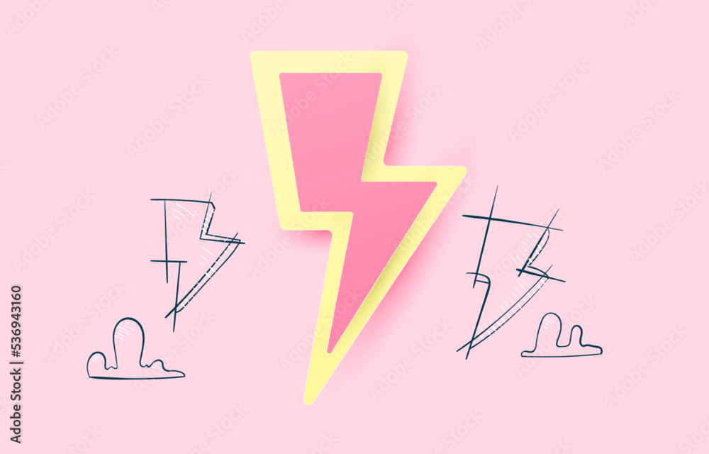 Pink background lightning paper cut and doodle style.