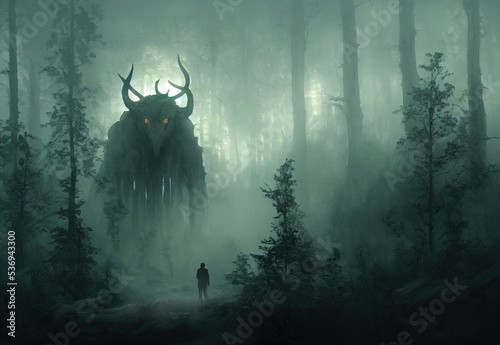Meeting a lost traveler with a terrible forest spirit. Realistic digital illustration. Fantastic Background. Concept Art. CG Artwork.