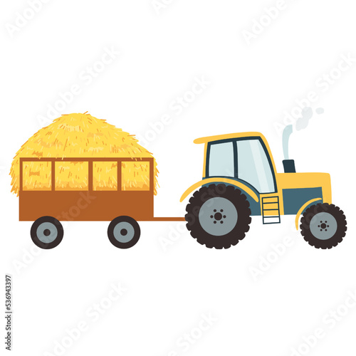 Tractor with agricultural haycock in the trailer in cartoon flat style, rural hay rolled stack, dried farm haystack. Vector illustration of fodder straw photo