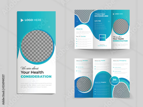 Medical health care services trifold brochure template, hospital company poster layout design