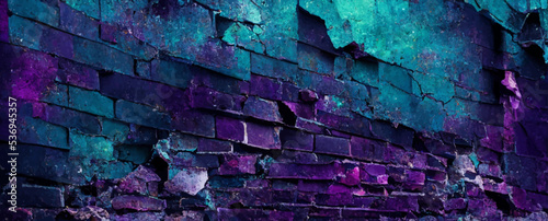 Fotografia toned brick wall, blue purple magenta teal green rough, background, banner