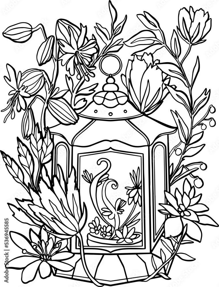 Old vintage lantern and fantasy flowers and leaves. Coloring page ...