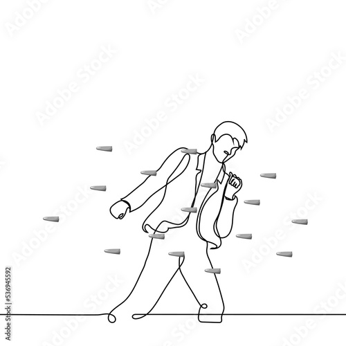 man in a suit dodging many bullets flying at him - one line drawing vector. the concept of a spy avoiding bullets, a metaphor for speed and avoidance of responsibility