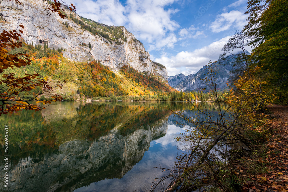 Leopoldsteiner lake in Austria surrounded by high Alps
