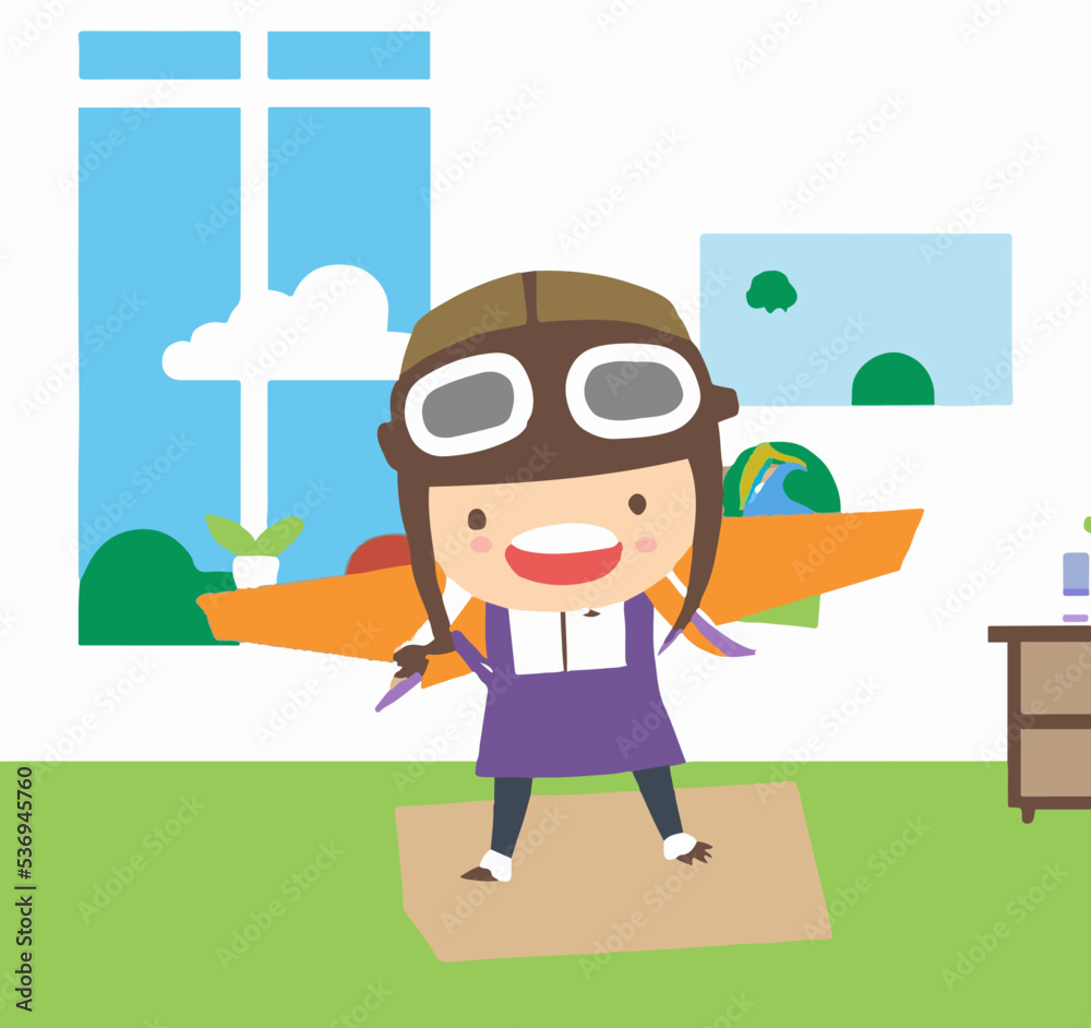 Happy child playing with toy paper wings at home. Children have fun. Success, creativity and entrepreneurial concept. Flat vector illustration isolated.background.