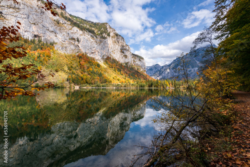 Leopoldsteiner lake in Austria surrounded by high Alps